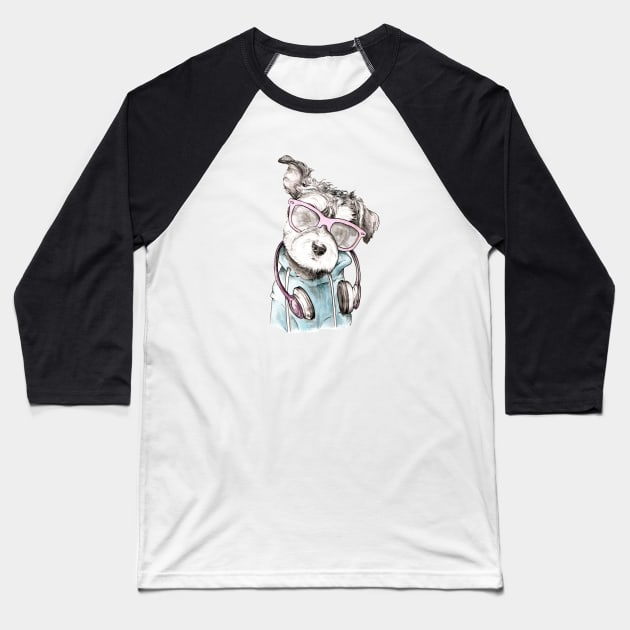 Hipster Schnauzer Pup Baseball T-Shirt by wanderinglaur